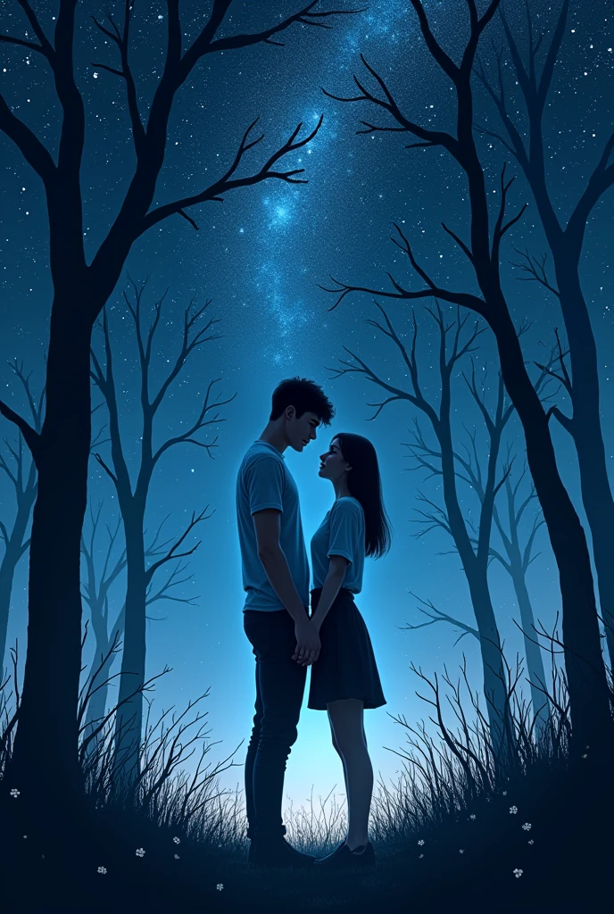 1 girl, 1 boy, face to face, Men are tall, women are short, women straight hair, Women's hair is not too long, men and women standing close together, casual clothes , poised posture, natural skin, standing on the grass
BREAK
Galaxy sky night background, (rim lighting):1.2, cold tones, lots of stars in the sky, soft shadows, dark colors , Sharp effect, horror atmosphere, dark blue effect
BREAK
open nature, many tall dry tree, quiet nature, Moonlit nature, peaceful ambiance, ultra detailed, official art, unity 8k wallpaper
, zentangle, mandala