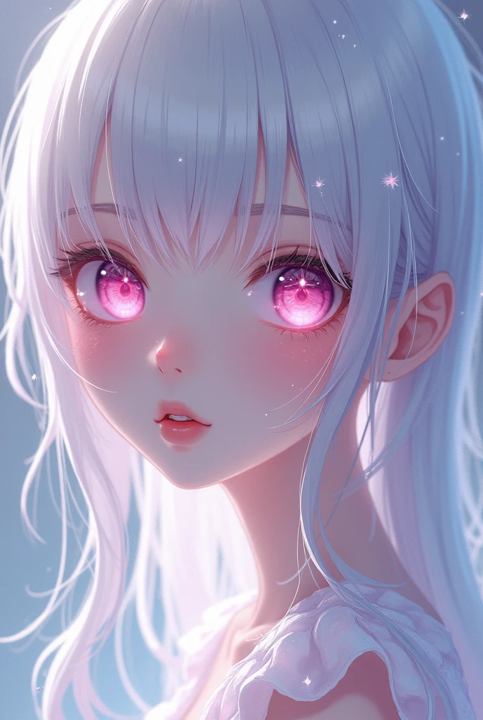 An anime girl with white hair, fair skin and dark pink eyes with stars, have an image of a teenage girl