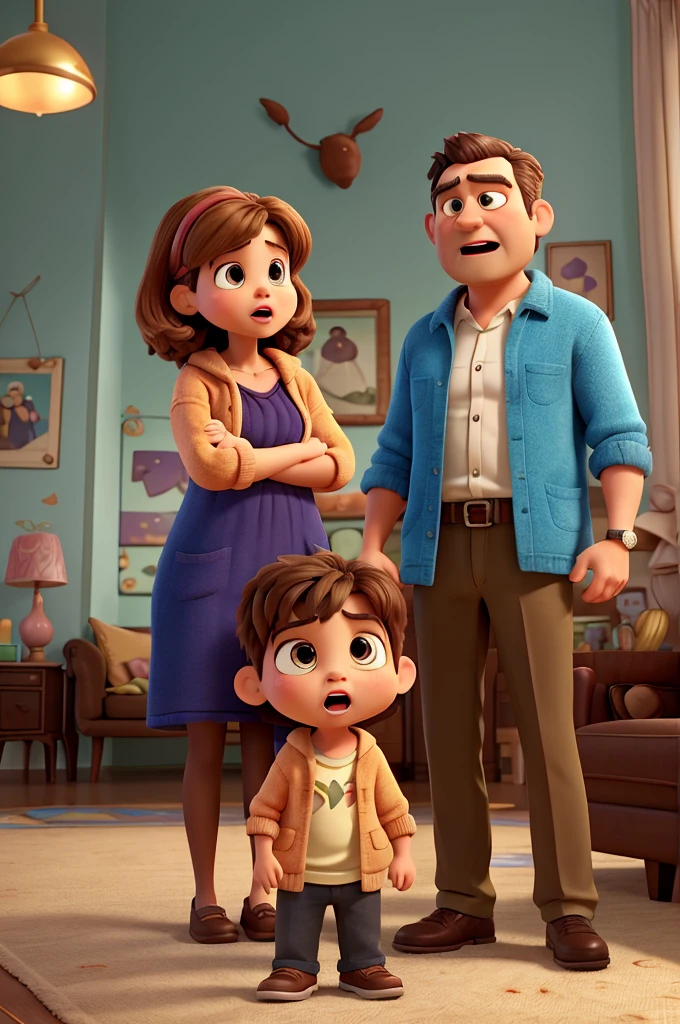 "A tense scene depicting a couple arguing intensely in a Pixar animation style. Both parents have exaggerated and expressive features typical of Pixar characters and are shouting at each other with animated gestures.. Your little son, also in the Pixar style, stands among them with large, anguished eyes, covering your ears with your hands to block out the noise. The background is a colorful and cozy family living room with soft lighting and detailed decor., emphasizing the domestic environment. The general atmosphere should convey the emotional turmoil and stress within the family, but with the characteristic heat