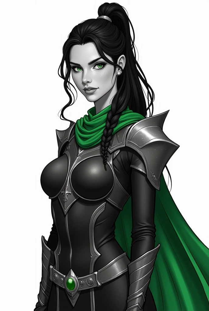 create a black and white drawing style woman:
Full name: Lysara Devrion
Edad: 24 years old Physical Appearance:
Height: 1.75 m Constitution: Athletic and toned hair: long, Jet black, usually tied back in a braid or high ponytail Eyes: Emerald green, penetrating and determined Skin: Pale with a slightly golden tone Face: Sharp features, with a slight scar on the left cheek, testimony of his life on the battlefield Clothing: Black combat armor with silver details, long emerald green velvet cape; at formal events, She usually wears a dress that mixes the colors of Eldoria and Selenia..