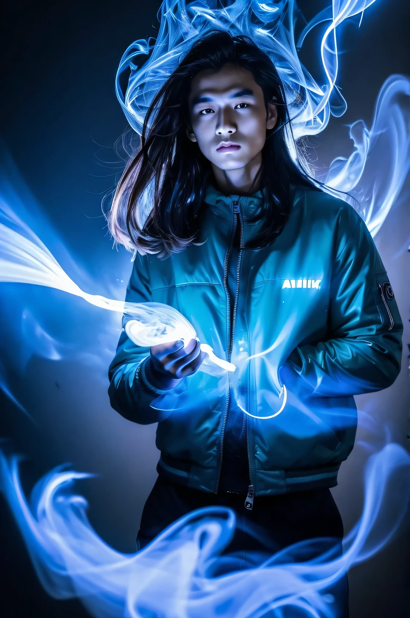Mysterious charming image
skinny asian man with long hair 18 years old surrounded by thick electric smoke. The smoke is blue with white lightning strikes, translucent and billowing, creating an eerie and enchanting atmosphere. The man has an alluring gaze and wears a blue Adidas jacket. shimmering with mysterious energy. The backdrop is a dark void, with thick, electric smoke creating a sense of intrigue and otherworldly clarity. very detail