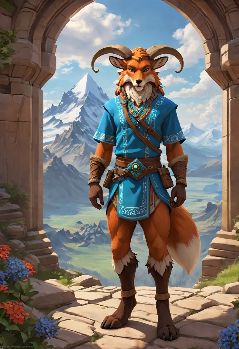 Anthropomorphic masculine fox-satyr mage. full body Official Art – An Award-Winning Digital Masterpiece In 4K Ultra HD, Extreme Detail And Intricate Realism. Symmetrical Face. This Concept Art Brought To Life By The Hands Of Artists Like Wlop & Artgerm In A Stunning 2D Vector Illustration. Breath of the wild. Background Is A Panoramic Vista.