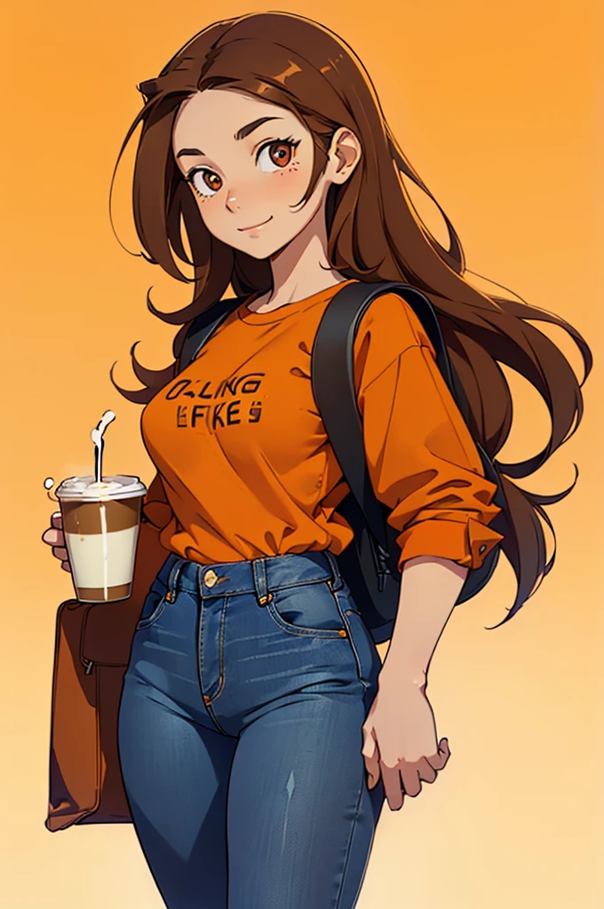 (1 girl, solo), (girl is young, 20yo, (brown long hair), standing, looking at the viewer, carrying a backpack, (holding a cup of coffee ), jeans, (orange shirt), big eyes, slim body, happy expression on the face, (well-detailed face)), sunny day, (ultra detailed) ((best quality)), (full body), (white background):1.4