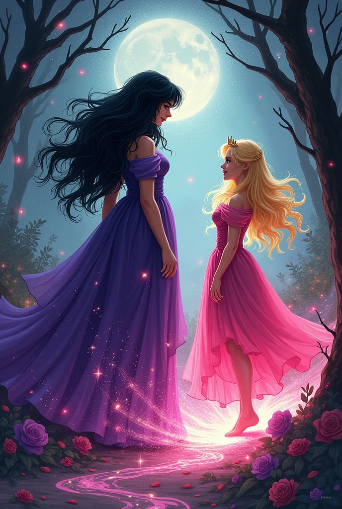 A scene of the witch in the purple dress and black hair who decided she could no longer bear the happiness of the princess in the pink dress and blonde hair. With a powerful spell, she cast a curse on Celeste. every time the princess smiled, something sad would happen.
, hand drawing line, for coloring