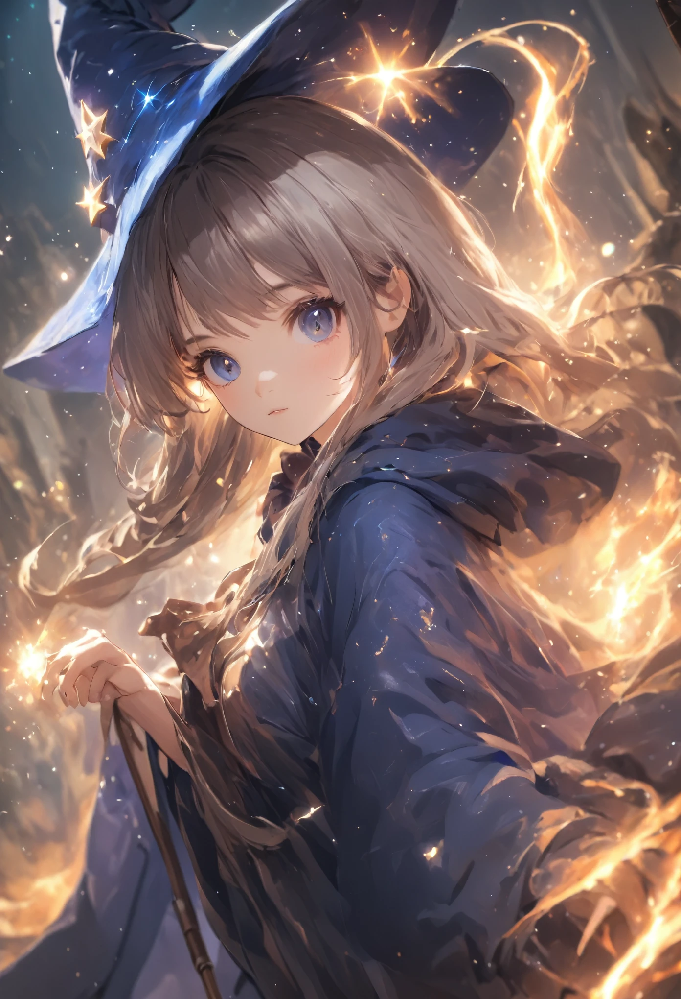 High resolution,Highest quality,8k,anime, pretty girl, Wizard&#39;s Hat(White Robe), Thigh-high socks, Retaining the Ancient Staff, Happy, Midnight, bloom, Ambient Occlusion, Shine, Shineing lights, Particles of light, transparent, 半transparent, Bokeh, Depth of written boundary, snow, Wind