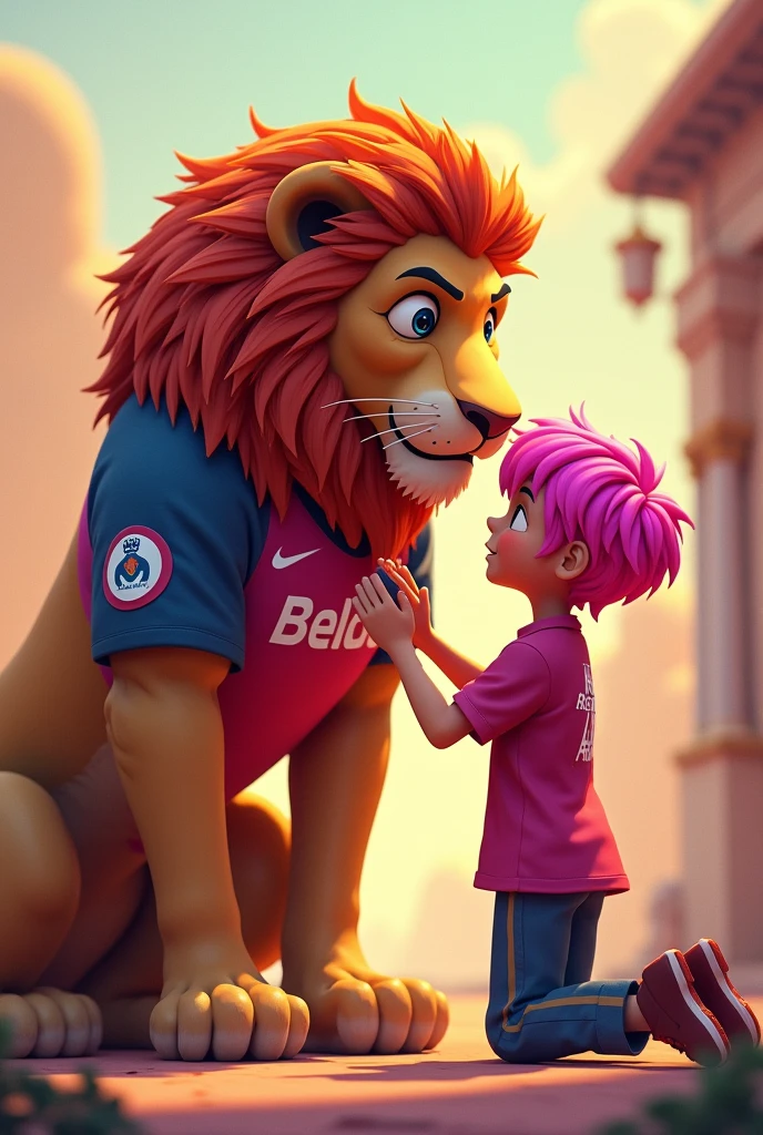 A player with pink hair and a pink shirt kneeling saying happy father's day to a brave lion who is standing with a Fortaleza shirt