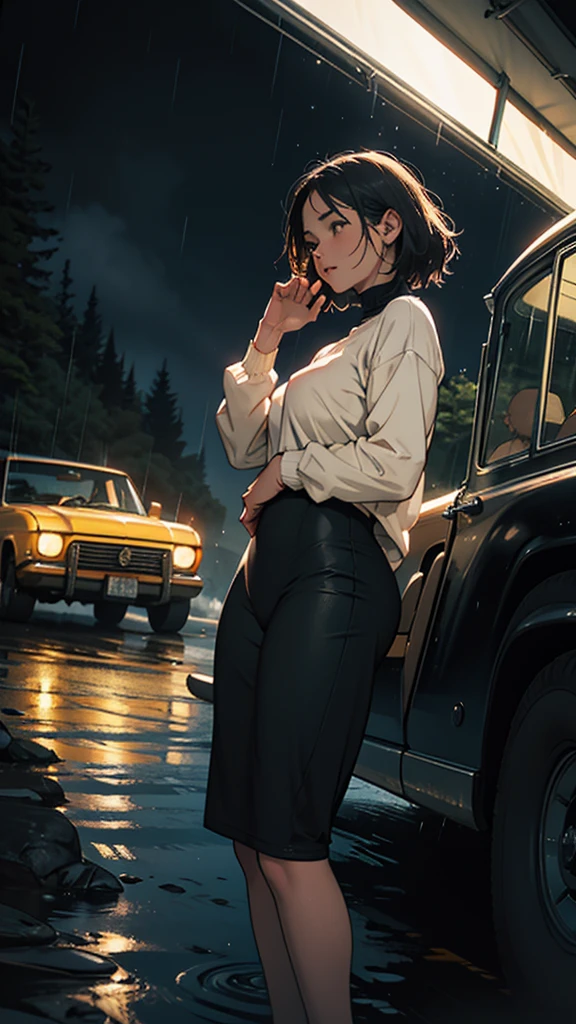 A young couple is camping on the mountain. The woman is wearing tight clothes. Her hips are big. She is passing by a vintage car. She is looking for water. It is raining. She is staying at night.