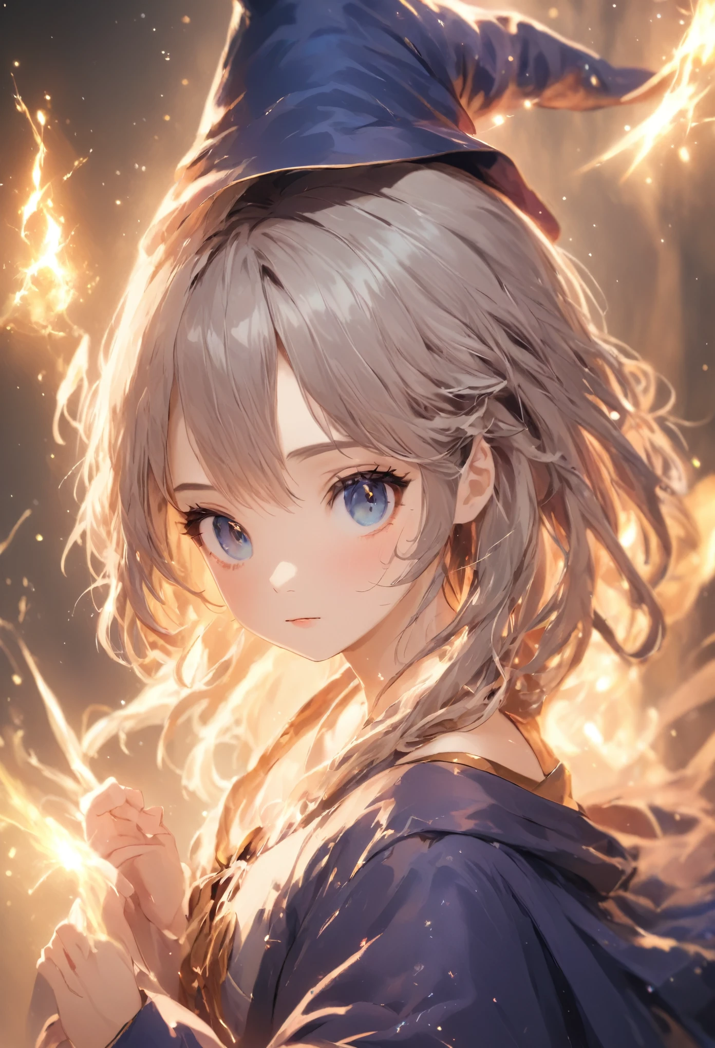 High resolution,Highest quality,8k,anime, pretty girl, Wizard's Hat(White Robe), Thigh-high socks, Retaining the Ancient Staff, Happy, Midnight, bloom, Ambient Occlusion, Shine, Shineing lights, Particles of light, transparent, 半transparent, Bokeh, Depth of written boundary, snow, Wind