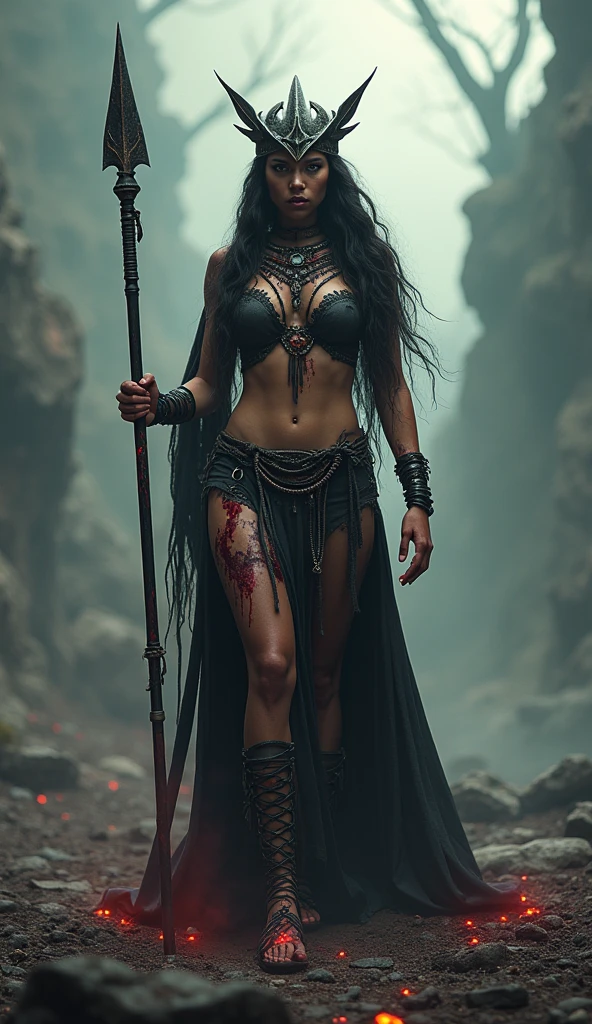 dark gloomy sci-fi, native ancient woman, 40 years old, very strong and muscular, goddess of death, powerful, majestic, angry, wearing a ancient skirt and tunic, sandals with high-tied laces to the knees. bloody, red and black ornaments, long hair, glowing eyes. spear, helmet. The woman steps proudly With a gesture of his hand, she points to the souls of the damned,imersive background with landscape, she walks thru battlefield after battle. film grain, depth of field, HDR, RAW