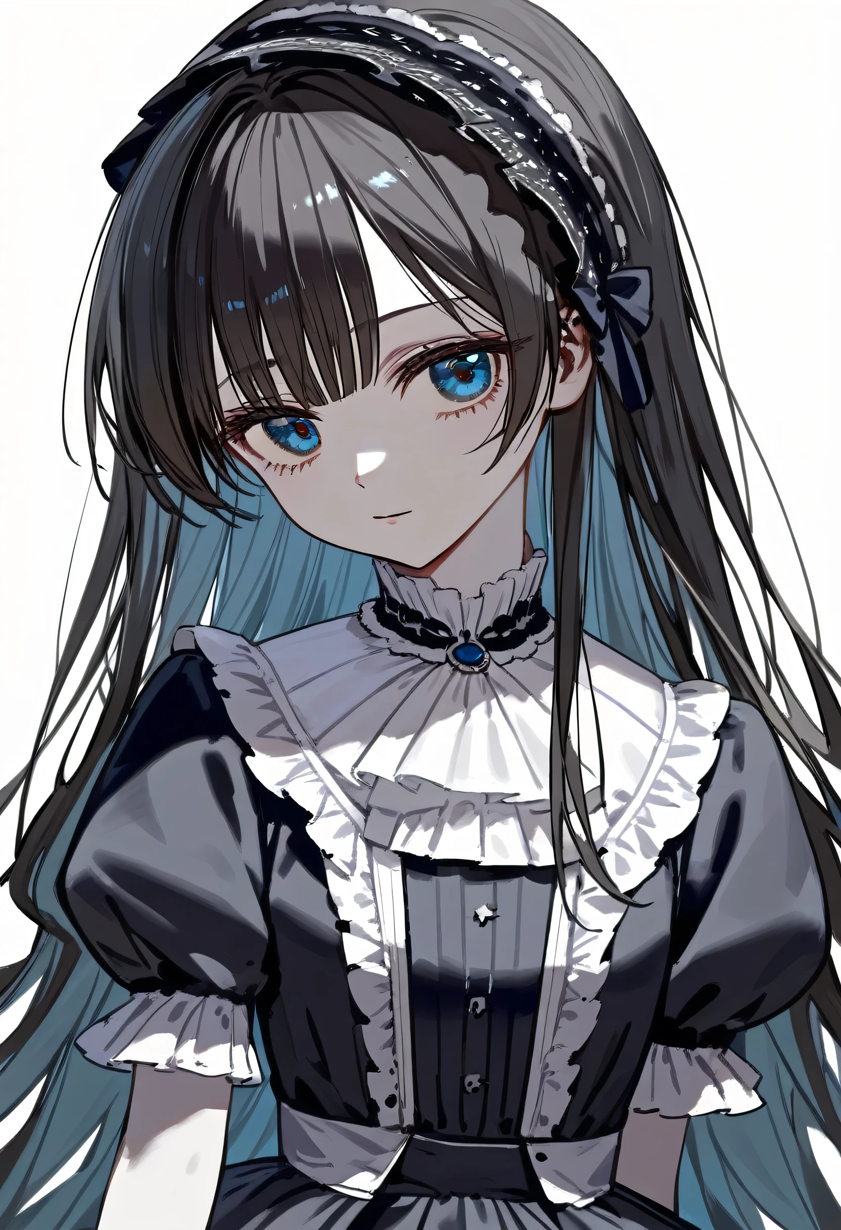 masterpiece, Best quality, upper body, check_9, check_8_up, check_7_up, Front, 1 girl, One, black hair, long hair, split bangs, dark blue eyes, inexpressive, pale skin, , standing, upper body, Victorian Fashion, black dress, Dress with ruffles, Short sleeves, White background, Best quality
