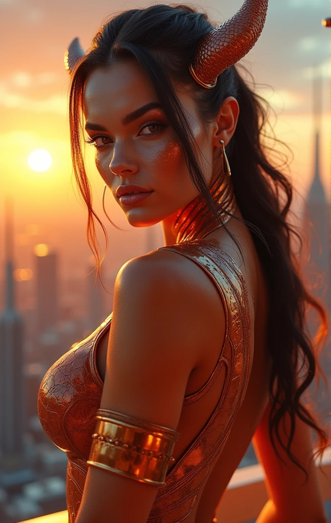 cinematic, glamour photography, prompt enhancer, Extraterrestrial space alien version of James Bond:: with a beautiful ultra-realistic, hyperrealism, 16K resolution, metahuman alien adult brunette alien woman wearing warm colored glossy hued cybertech suit high-tech nano cybernetic skin. She has an extremely muscular chest tight outfit, large feminine curves. She has equisite markings on her nano cyber-celled skin, her oily face looks like a human reptilian octopus mix. She has her face turned toward the camera:: futuristic spaceport over a galactic distant alien world, twilight sky in the distance behind the spaceport, vibrant scene cinematic lighting and soft focus shot on a Sony Alpha A7 III camera with a macro lens  