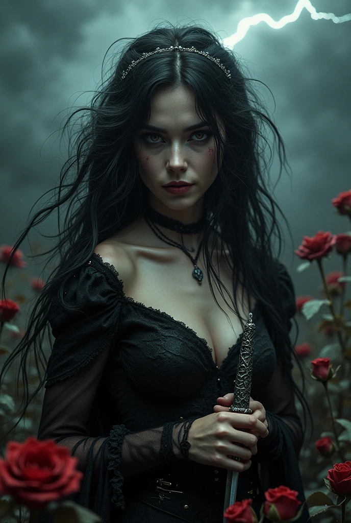 (Goddess of Betrayal:1.4), (masterpiece:1.4, best quality), (photo realistic:1.4), alluring yet deceptive expression, a sly smile playing on her lips, dressed in a dark, tattered gown that flows like shadows, (hair dark and wild, with streaks of silver:1.2), (piercing, cold eyes that reflect hidden intentions:1.2), a dagger concealed in her hand, surrounded by a faint, ominous aura, (background of a stormy night with lightning cutting through the sky:1.2), (cracked mirrors and withered roses scattered around her:1.2), rich textures, dark and moody colors, (deep blacks:1.2), (blood reds:1.2), (faint silver accents:1.2), (dynamic composition with sharp angles and contrasts:1.2), high-quality and detailed, (haunting and intense atmosphere:1.2), enigmatic and mysterious, perfect image quality, symbolizing deceit, treachery, and the dark side of human nature, captivating and chilling presence