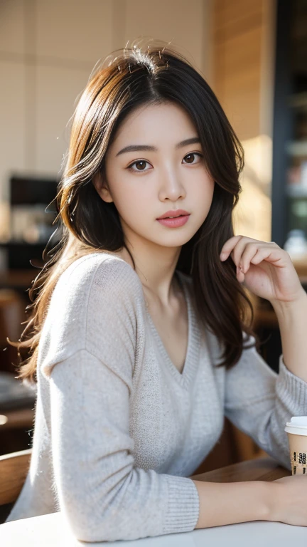 (16K, highres, absurdresmasterpiece, best quality, ultra detailed, exquisite, beautiful), delicate facial features, beautiful japanese idol, late teens, 19year old, woman, in the cafe, coffee cup, looking at viewer, realistic portrait, raw photo, ultra realistic photo, upper body, front view, golden ratio, cinematic lighting, in focus with blurred background,)