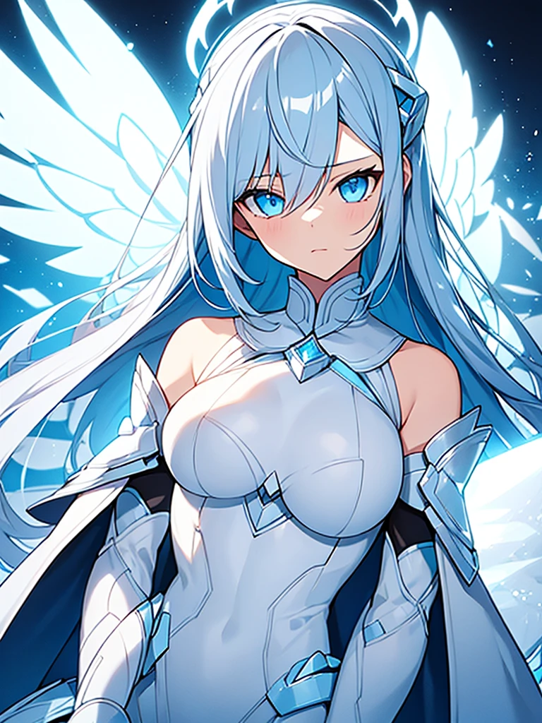 girl with white and light blue hair, diamond armor with white clothes , black gloves, clear blue eyes, white angel wings and a light blue halo with a serious look