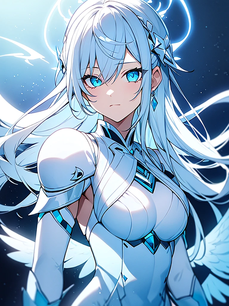 girl with white and light blue hair, diamond armor with white clothes , black gloves, clear blue eyes, white angel wings and a light blue halo with a serious non-sexualized look