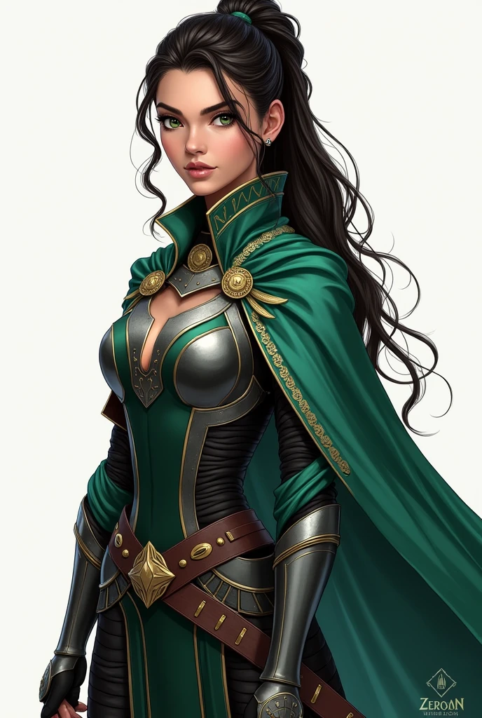 create a drawing style woman :
Full name: Lysara Devrion
Edad: 24 years old Physical Appearance:
Height: 1.75 m Constitution: Athletic and toned hair: long, Jet black, usually tied back in a braid or high ponytail Eyes: Emerald green, penetrating and determined Skin: Pale with a slightly golden tone Face: Sharp features, with a slight scar on the left cheek, testimony of his life on the battlefield Clothing: Black combat armor with silver details, long emerald green velvet cape; at formal events, She usually wears a dress that mixes the colors of Eldoria and Selenia..
Full name: Zeryn Aelric
Edad: 25 years old Physical Appearance:
Height: 1.85 m Constitution: Strong and muscular, with an imposing presence Hair: dark brown, short and slightly wavy eyes: intense blues, with a look that conveys determination and calm Skin: tanned, reflection of years of training and sun exposure Face: well defined, with a strong jaw and a scar on his right eyebrow, memory of a past battle Clothing: Combat armor in silver and blue tones, with gold details; for formal events, He wears a royal suit with a dark blue cloak and gold details..