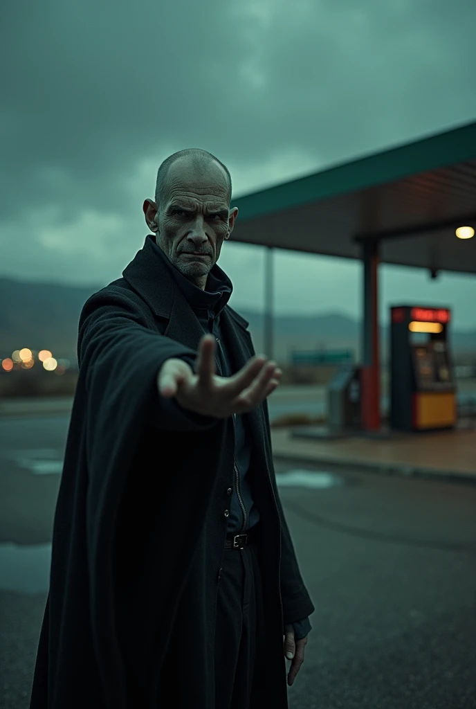 A strange, bald man stands outside by a car in gas staltion warning the travelers that the sun is going down. The atmosphere is unsettling, with a darkening sky and an ominous tone."
