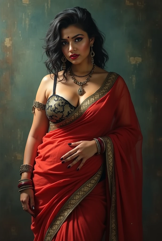 wolf cut hairstyle erotic hindu wife super big fake lips red lipstick super delicious body saree bra chubby body super lower saree