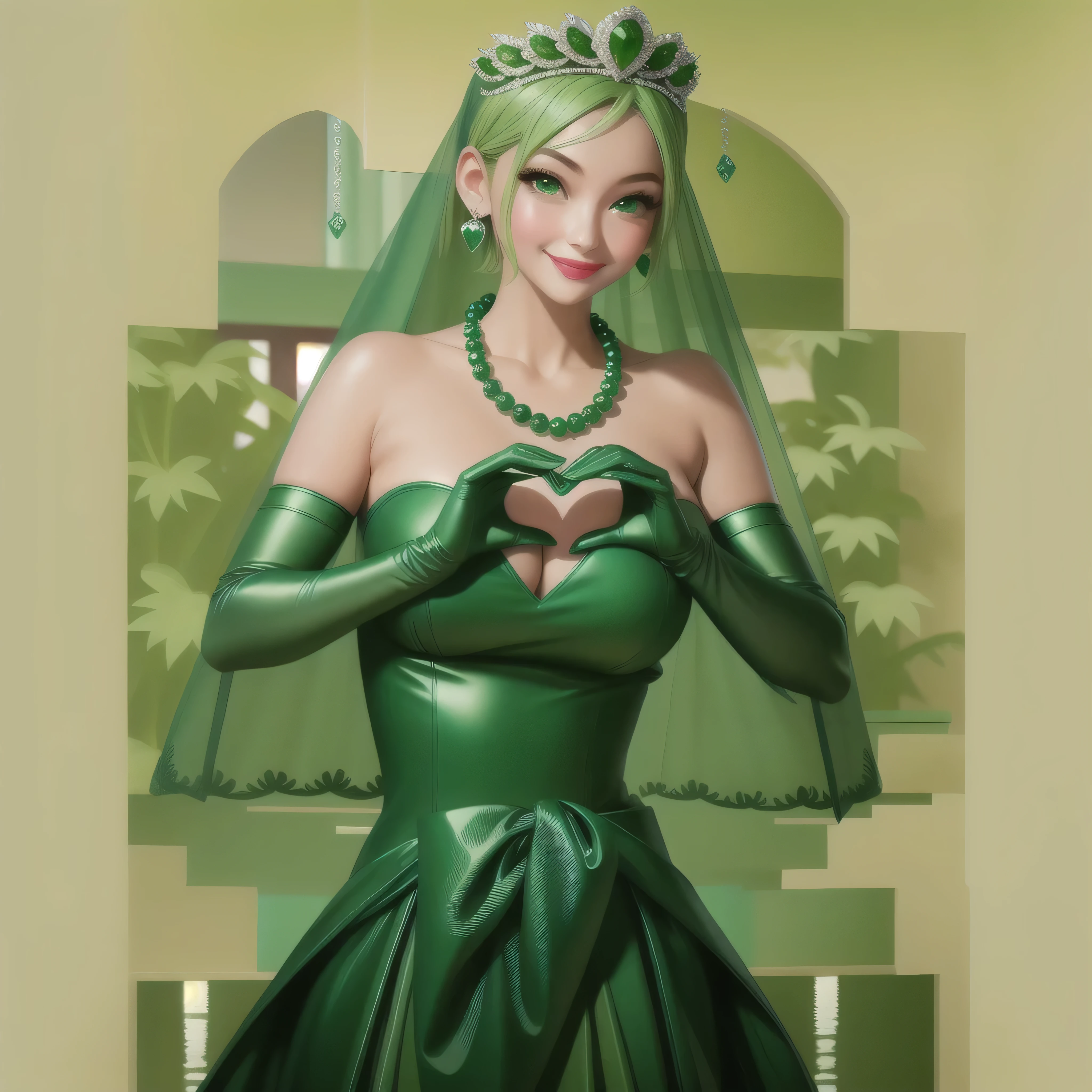 Emerald tiara, Green Pearl Necklace, Boyish very short green hair, Green Lips, Smiling Japanese woman, Very short hair, Busty beautiful lady, Green Eyes, Green satin long gloves, Green Eyes, Emerald Earrings, Green veil, Heart with both hands, Green Hair, Beautiful Japanese Women, Heart shaped hands:1.3, green lip gloss