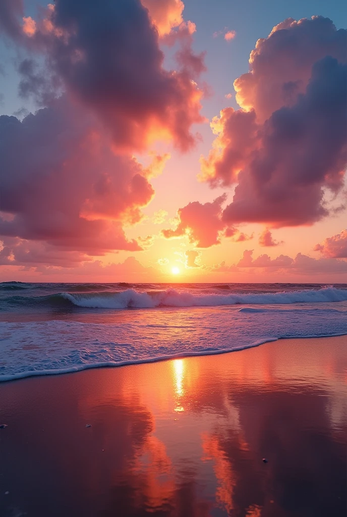 a serene beach at sunset, with waves gently lapping against the shore. In the sky above, a vibrant palette of oranges, pinks, and purples paints a breathtaking scene.The eye should reflect the colors and cosmic details and reflections of the ocean, with its reflection appearing in an ocean below.
