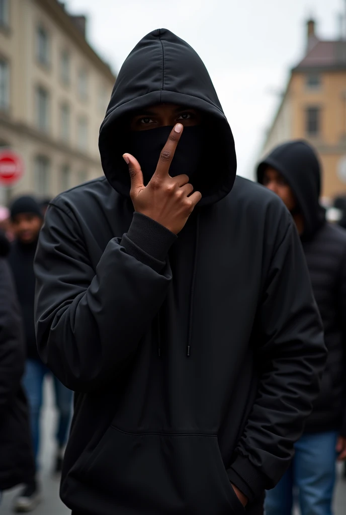 Real human , nigger hood guy using black clothes and showing the middle finger covering his face. On the streets with more nigger hood people taking the picture and holding the phone