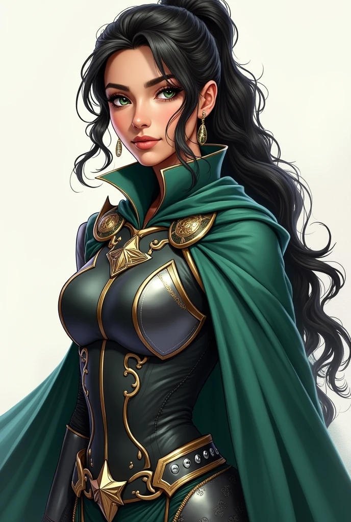 create a drawing style woman :
Full name: Lysara Devrion
Edad: 24 years old Physical Appearance:
Height: 1.75 m Constitution: Athletic and toned hair: long, Jet black, usually tied back in a braid or high ponytail Eyes: Emerald green, penetrating and determined Skin: Pale with a slightly golden tone Face: Sharp features, with a slight scar on the left cheek, testimony of his life on the battlefield Clothing: Black combat armor with silver details, long emerald green velvet cape; at formal events, She usually wears a dress that mixes the colors of Eldoria and Selenia..
Full name: Zeryn Aelric
Edad: 25 years old Physical Appearance:
Height: 1.85 m Constitution: Strong and muscular, with an imposing presence Hair: dark brown, short and slightly wavy eyes: intense blues, with a look that conveys determination and calm Skin: tanned, reflection of years of training and sun exposure Face: well defined, with a strong jaw and a scar on his right eyebrow, memory of a past battle Clothing: Combat armor in silver and blue tones, with gold details; for formal events, He wears a royal suit with a dark blue cloak and gold details..