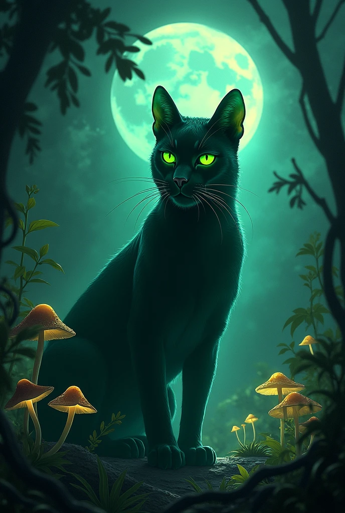 Show me a picture of a night witch, of the Moon, from the shadows, green, Cyan call of the sign Aquarius, vegetarian,sus colores favoritos son el azul y el green pero sobre todo el viridian y es una pantera de ojos green neón del Amazonas.
without hat. He loves hallucinogenic mushrooms.