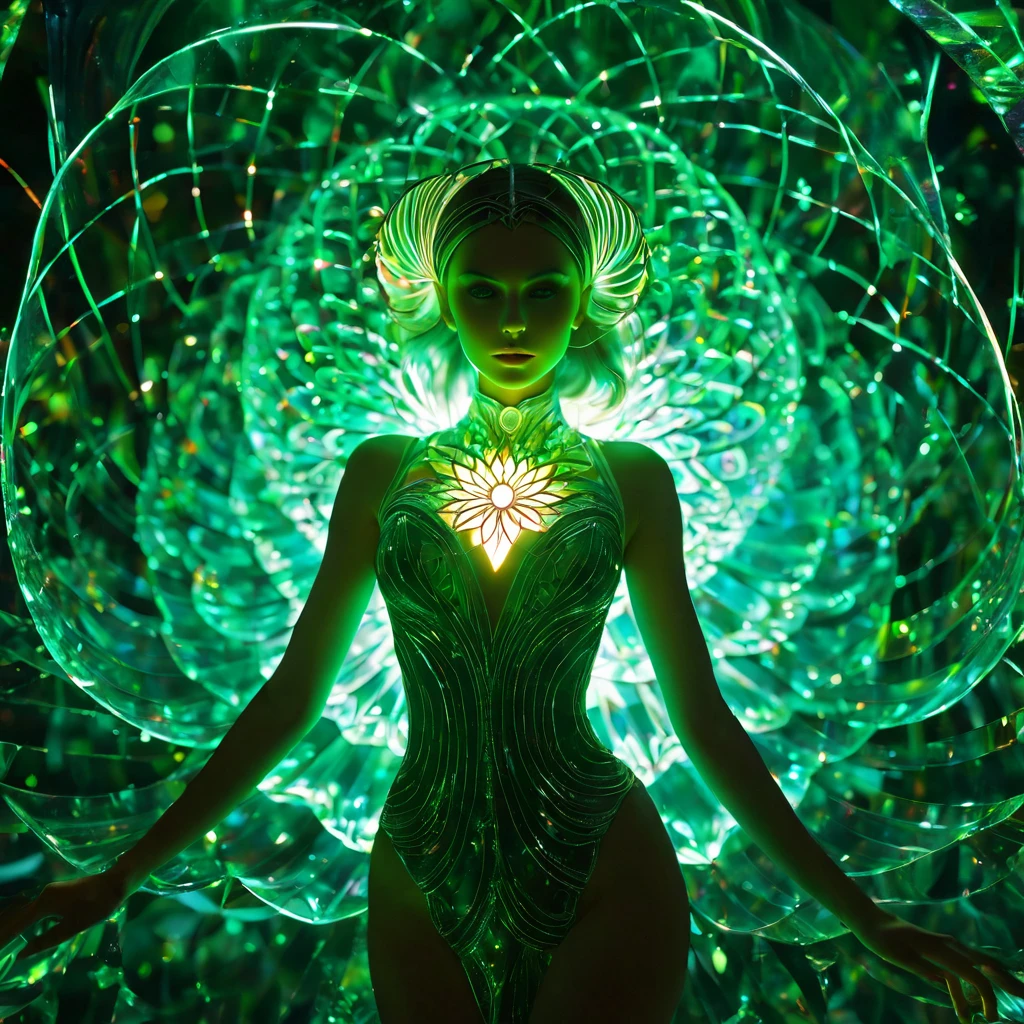 best quality,Pisif,taoist,(meditation:1.1), soio,uma garota sexy ,Cross-legged meditation， Bright green magic matrix, Flutua，transparent,Realistic