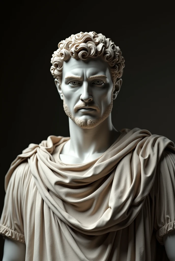 Realistic 3D statue of Julius Caesar looking directly at the camera, Displaying his majestic figure and resolute expression. Be sure to capture the details of his Roman robes and his discerning gaze.. The scene should evoke the power and authority of the Roman Empire and the opulence of the characters.