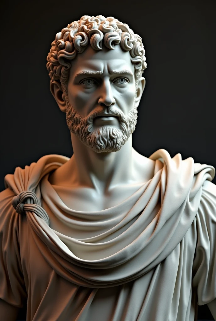 Realistic 3D statue of Julius Caesar looking directly at the camera, Displaying his majestic figure and resolute expression. Be sure to capture the details of his Roman robes and his discerning gaze.. The scene should evoke the power and authority of the Roman Empire and the opulence of the characters.