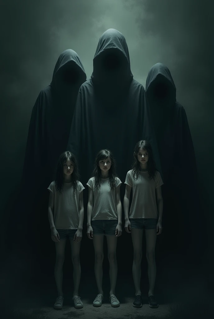 Generate me a cover with a black background with "Humanoid shadow figures without faces around," and in the middle three girls (mysterious atmosphere)