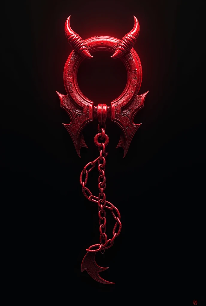 (logo design) evil logo, a sexual striking red handcuff, adorned with sharp, menacing demon horns, and a sinuous chain tail extending from the base, dynamic and bold, emphasizing a dark theme, glossy finish, high-resolution, creating an impression of malevolence and power.