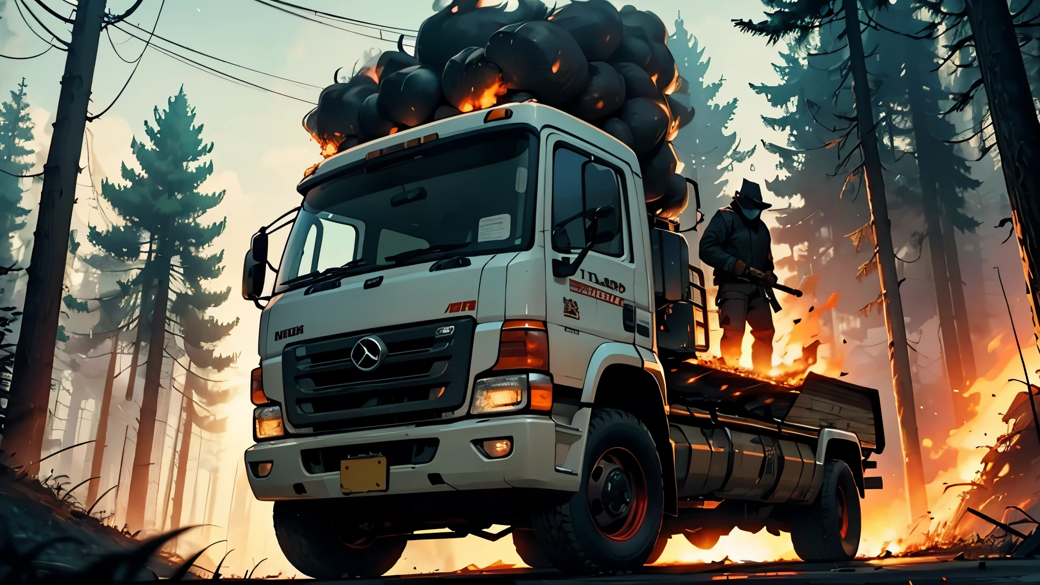 There is a man in a hockey mask standing on top of a truck that is on fire., in the background forest at night, still from riverdale, epic disparo vfx, Furious action scene, amazing visual effects, scary scene, 8bits the truck logo, improve the standing man mask