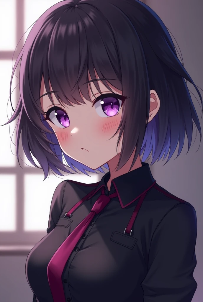 A girl with short hair and bangs, purples eyes, a fair skin wearing a gothic outfit, that has anime features and a curvy body