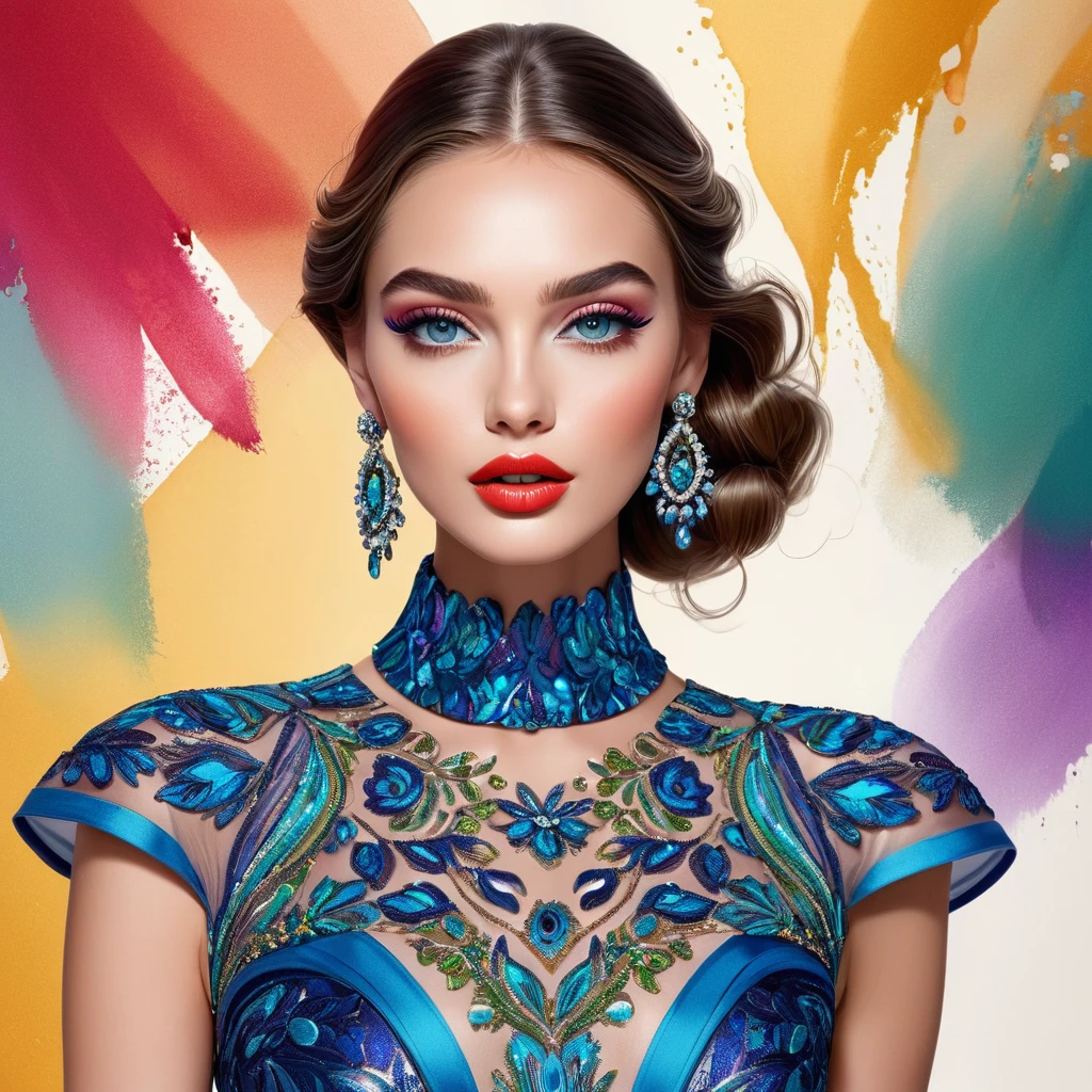 Best quality,a high resolution,fashion illustration,elegant models,beautiful detailed eyes,detailed lips and face,glamour mode,track laying,bright colors,Elegant Dresses,Beautiful Accessories,Professional studio lighting,Ultra-thin paint,realistic textures,Artistic Journey