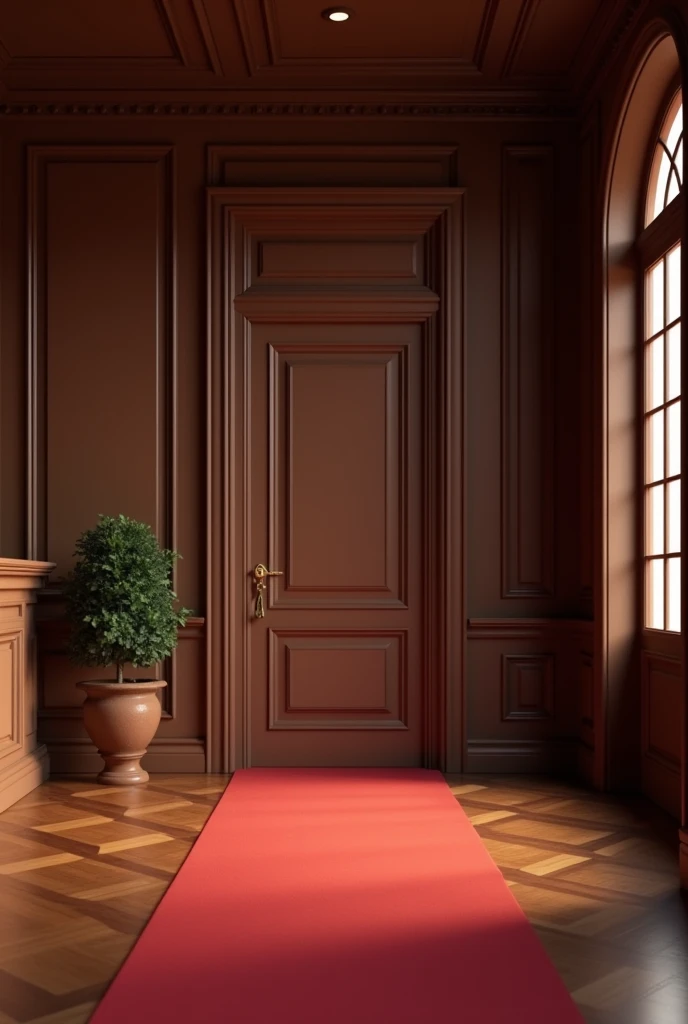 Generates an empty hotel reception with a door next to it that says one and a part where you put the keys,but with a classic brown touch and the door is next to it with red carpets