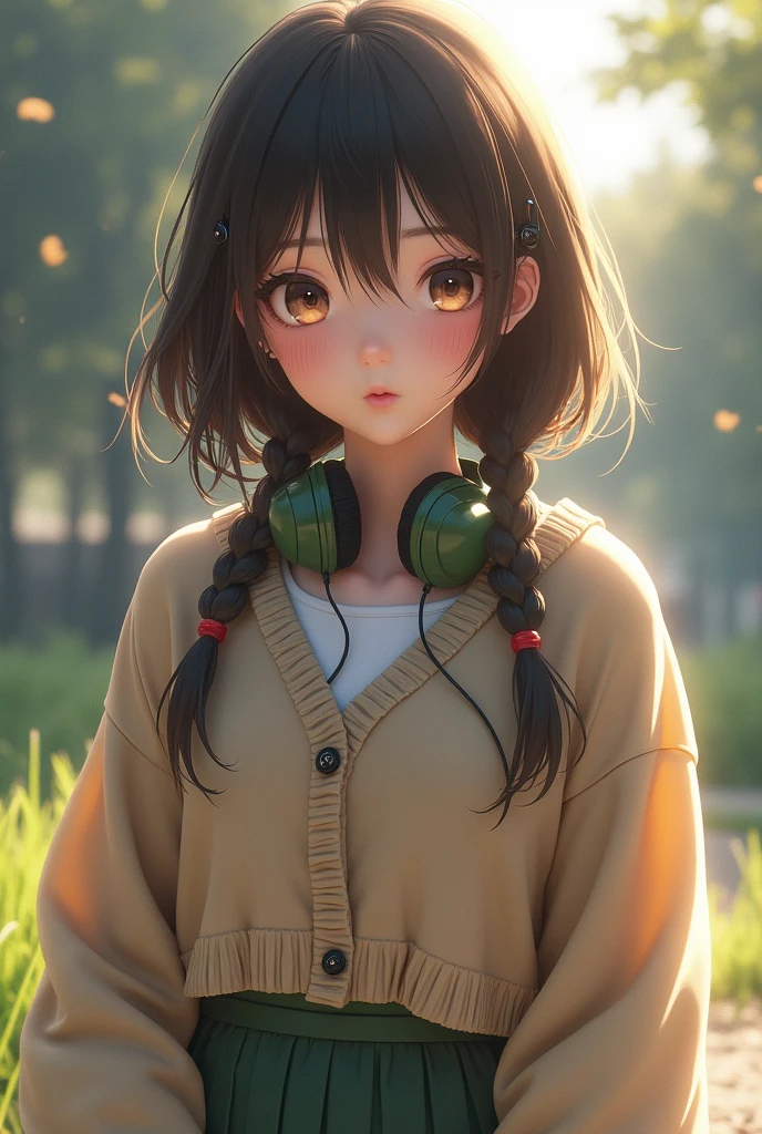 ulzzang-6500-v1.1,(raw photo:1.2),((photorealistic:1.4))Best Quality ,masterpiece, illustration, an extremely delicate and beautiful, extremely detailed ,CG ,unit ,8K Wallpaper, Amazing, finely detail, masterpiece,Best Quality,official art,extremely detailed CG unit 8K Wallpaper,absurdities, incredibly absurdities, huge file size, ultra detailed, High resolution, extremely detailed,Beautiful detailed girl, extremely detailed eyes and face, beautiful detailed eyes,light on the face,cinematic lighting,1 girl,Whole body,tiro de Whole body,transparent,looking at the viewer,outdoor, negro_hose, cardigan, pleated_Skirt,green_Skirt, (headphones_around_neck),nakano_Miku,standing, hair_in between_eyes, moccasins