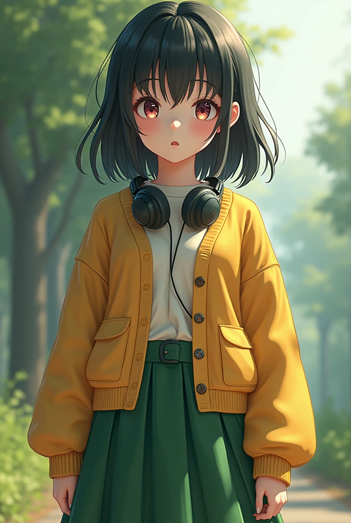 ulzzang-6500-v1.1,(raw photo:1.2),((photorealistic:1.4))Best Quality ,masterpiece, illustration, an extremely delicate and beautiful, extremely detailed ,CG ,unit ,8K Wallpaper, Amazing, finely detail, masterpiece,Best Quality,official art,extremely detailed CG unit 8K Wallpaper,absurdities, incredibly absurdities, huge file size, ultra detailed, High resolution, extremely detailed,Beautiful detailed girl, extremely detailed eyes and face, beautiful detailed eyes,light on the face,cinematic lighting,1 girl,Whole body,tiro de Whole body,transparent,looking at the viewer,outdoor, negro_hose, cardigan, pleated_Skirt,green_Skirt, (headphones_around_neck),nakano_Miku,standing, hair_in between_eyes, moccasins