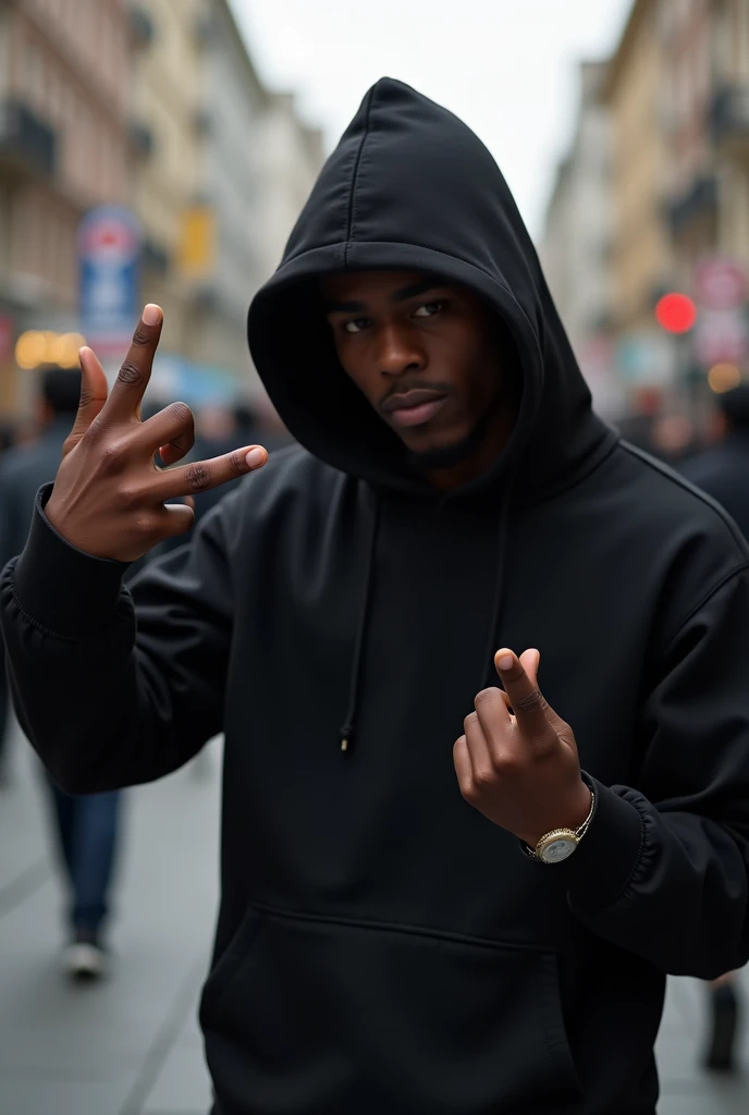 Real human , nigger hood guy using black clothes and showing the middle finger. On the streets with more nigger hood people taking the picture and holding the phone