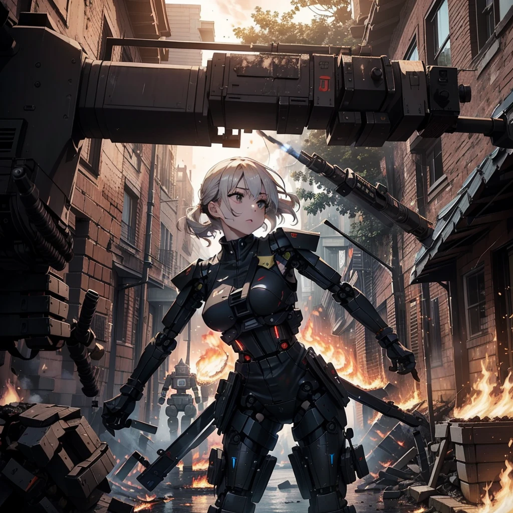 (Female soldier with well-trained body)、(((Fire machine guns to destroy enemy robots:1.4)))、1 woman、1 robot、(Black combat uniform)、(Platinum Blonde Hair:1.2)、shout out loud、Have multiple weapons、Running through the rubble、((Ultra-high resolution))、Write details、masterpiece、Highest quality、Highly detailed CG、8K quality、Cinema Lighting、Lens flare、(Night)、((From the inside to the outside of the building))、Hyper Detail、Android wreckage、((Cowboy Shot:1.4))、Detailed depiction of firearms、Firearms with perfect detail、Perfect barrel、High speed driving、(Dynamic Angle:1.4)、Scattered empty cartridge cases、