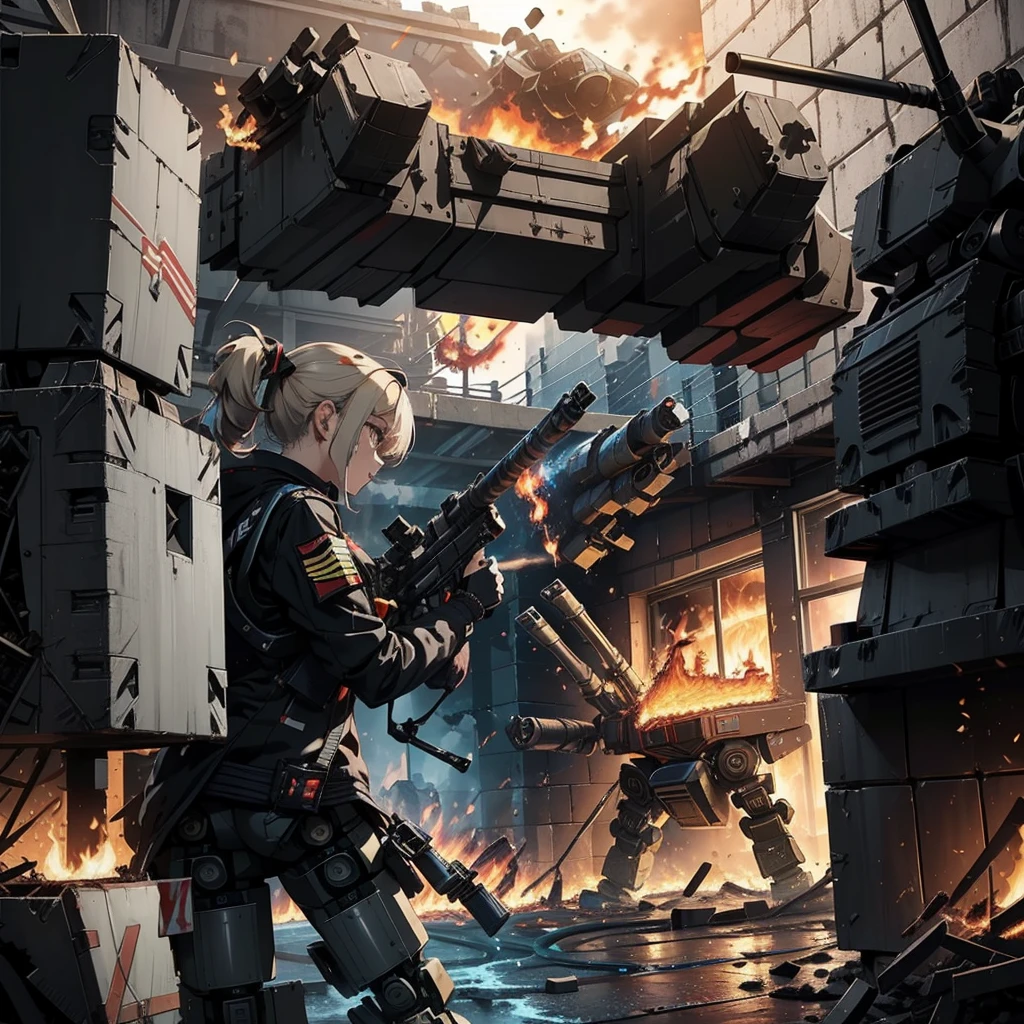 (Female soldier with well-trained body)、(((Fire machine guns to destroy enemy robots:1.4)))、1 woman、1 robot、(Black combat uniform)、(Platinum Blonde Hair:1.2)、shout out loud、Have multiple weapons、Running through the rubble、((Ultra-high resolution))、Write details、masterpiece、Highest quality、Highly detailed CG、8K quality、Cinema Lighting、Lens flare、(Night)、((From the inside to the outside of the building))、Hyper Detail、Android wreckage、((Cowboy Shot:1.4))、Detailed depiction of firearms、Firearms with perfect detail、Perfect barrel、High speed driving、(Dynamic Angle:1.4)、Scattered empty cartridge cases、