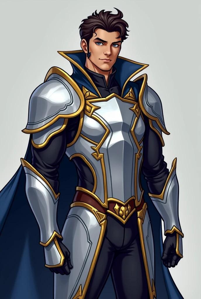 Full name: Zeryn Aelric
Edad: 25 years old Physical Appearance:
Height: 1.85 m Constitution: Strong and muscular, with an imposing presence Hair: dark brown, short and slightly wavy eyes: intense blues, with a look that conveys determination and calm Skin: tanned, reflection of years of training and sun exposure Face: well defined, with a strong jaw and a scar on his right eyebrow, memory of a past battle Clothing: Combat armor in silver and blue tones, with gold details; for formal events, He wears a royal suit with a dark blue cloak and gold details..
