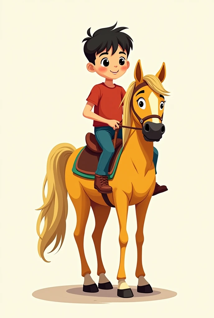 Create a simple 2D drawing of a callout (no mouth) with eyes (circle with pupil, silly appearance) with his little chin and black nose and black ears. Yellow fur and hooves up to half of its black legs with a Peruvian saddle with a saddle calling bean content (Without much detail) a young man riding on it with looking up emphasizing with doubts View of the drawing: appropriate to be appreciated
