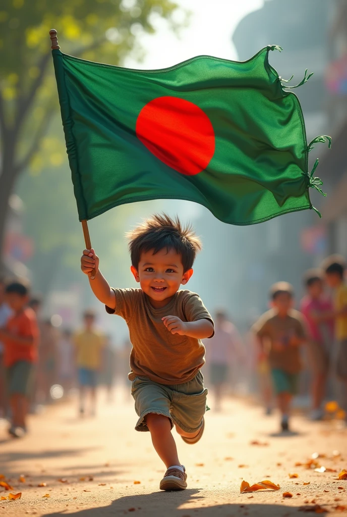 Kid goho running with a Bangladeshi flag