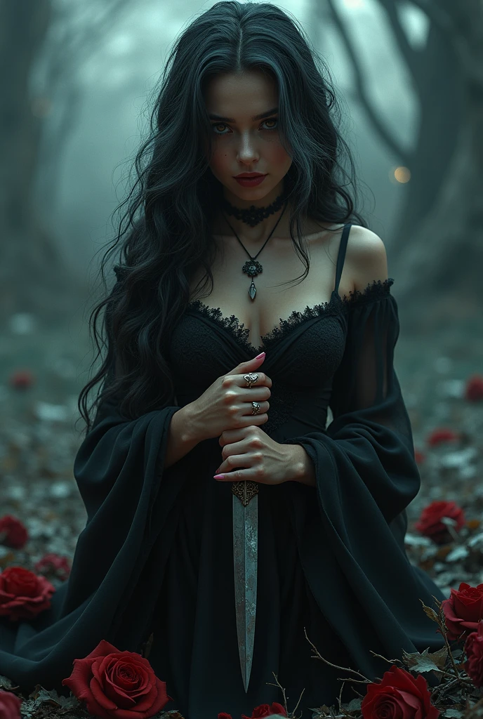 (Goddess of Betrayal:1.4), ((masterpiece:1.4, best quality)),( (photo realistic:1.4)), alluring yet deceptive expression, a sly smile playing on her lips, dressed in a dark, tattered gown that flows like shadows, (hair dark and wild, with streaks of silver:1.2), (piercing, cold eyes that reflect hidden intentions:1.2), a dagger concealed in her hand, surrounded by a faint, ominous aura,(( (background of a stormy night with lightning cutting through the sky:1.2))), (cracked mirrors and withered roses scattered around her:1.2), rich textures, dark and moody colors, (deep blacks:1.2), (((blood reds:1.3))), (faint silver accents:1.2), (dynamic composition with sharp angles and contrasts:1.2), high-quality and detailed, (haunting and intense atmosphere:1.2), enigmatic and mysterious, perfect image quality, symbolizing deceit, treachery, and the dark side of human nature, captivating and chilling presence