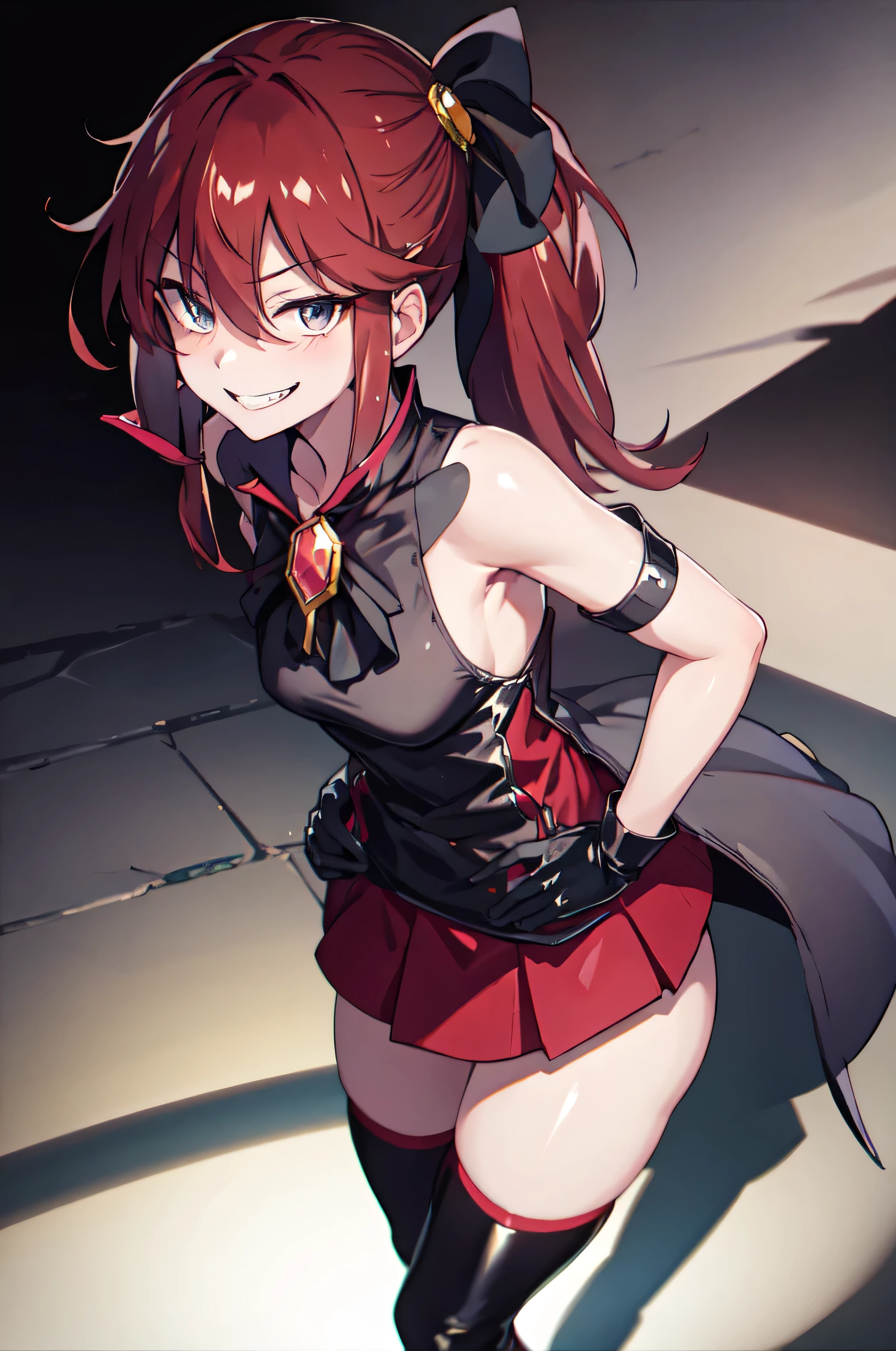 Highest quality, masterpiece, One Girl,Not beautiful, Red Ponytail, Long dress, brooch, Hair Ribbon, - Elbow hand pockets, Black knee socks, Standing on the rubble,  (Evil smile:1.1), ,,Dark shadow face,Sadistic smile,Malice,Contempt,smile,latex,Bad face,,Red Skirt,both hands,Two legs,Five Fingers,Evil background,Elbow hand pockets,latex, Evil smile, Debish Aura (Shiny fabric:1.5),Dark world background,shaded face(eyes in shadow)


