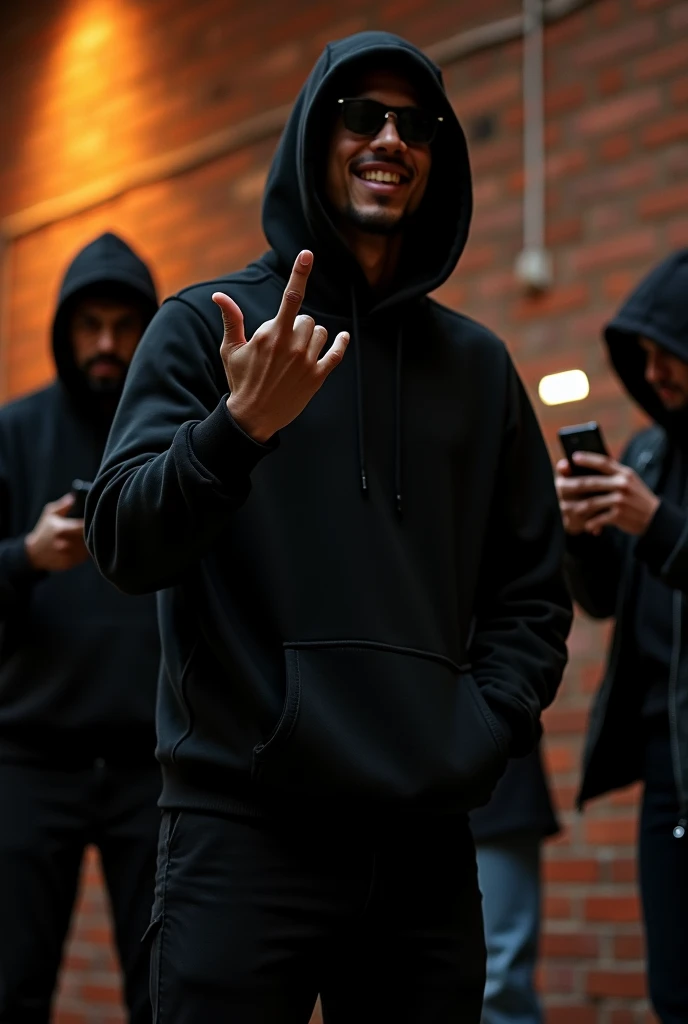 Real human , nigger hood guy using black clothes and showing the middle finger. On the streets at night in a brick wall with more nigger hood people taking the picture and holding the phone