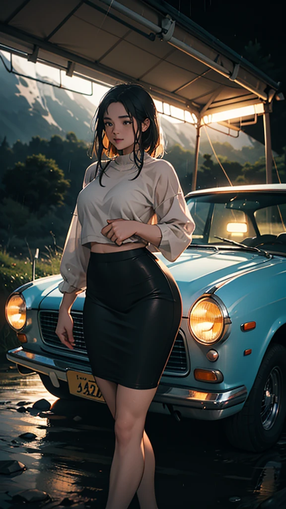 A young couple is camping on the mountain. The woman is wearing tight clothes. Her hips are big. She is passing by a vintage car. She is looking for water. It is raining. She is staying at night.