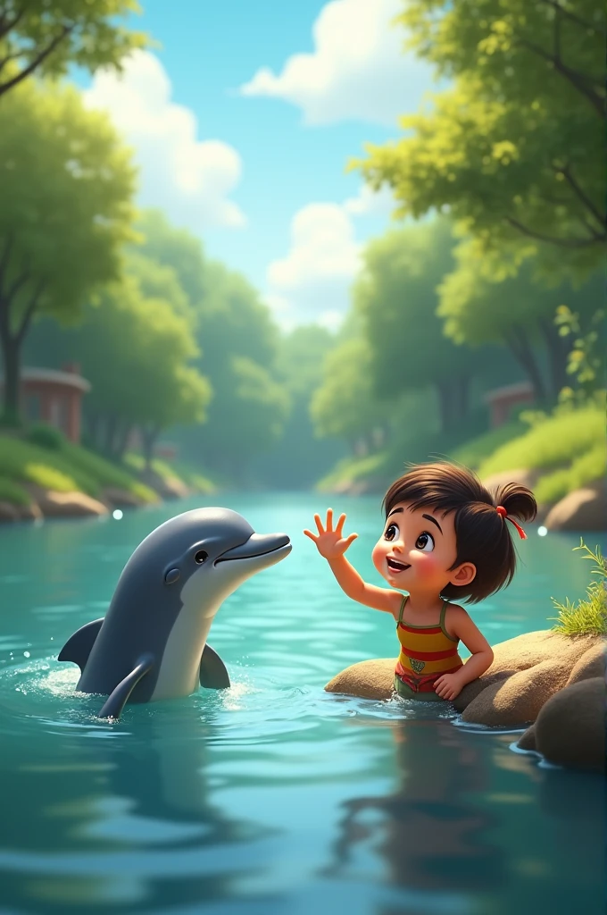A waving to a dolphin on the riverbank
