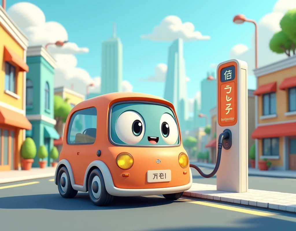 Cartoon car illustration, lP image handheld charger charging station, illustrated city, road, simple background,3D, OC rendering, C4D rendering